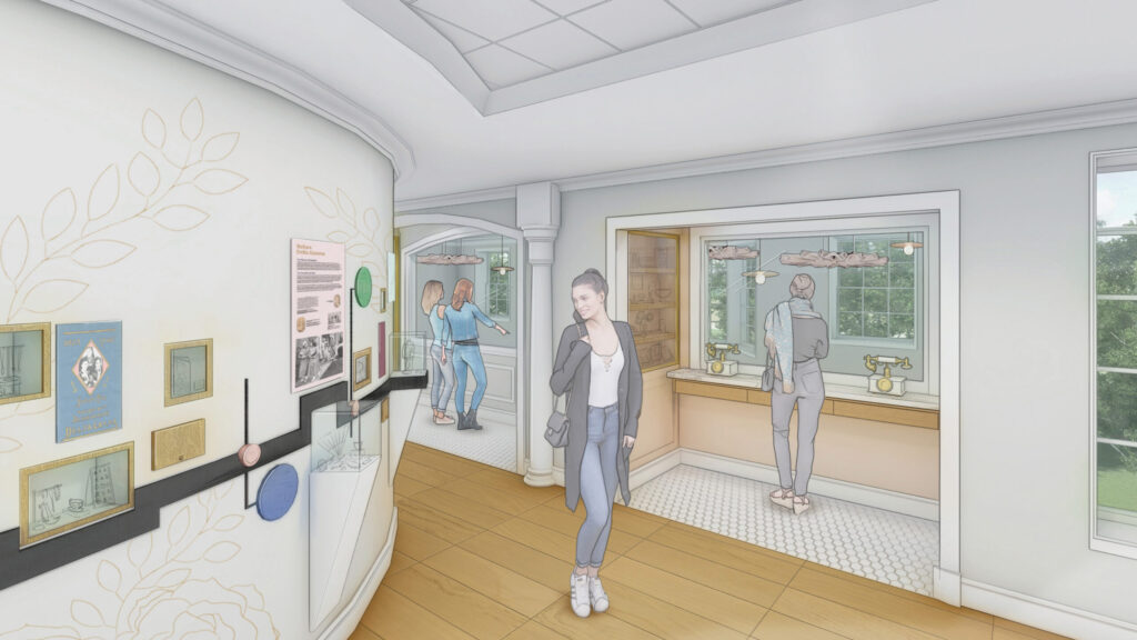 An artist's rendering of the Delta Gamma timeline wall in the new Archives Museum as part of the renovation of Executive Offices. The wall includes artifacts and Delta Gamma history.
