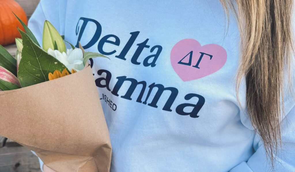 Delta Gamma member wearing Delta Gamma t-shirt