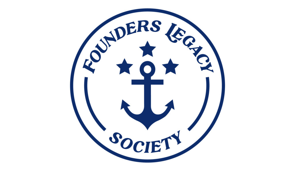 A circle with an anchor in the middle. Three stars are at the top of anchor. Text around the inside of the circle says Founders Legacy Society.